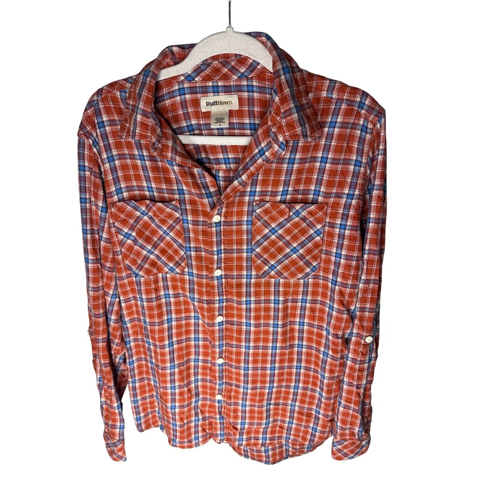 RuffHewn Mens Orange Blue Plaid Cotton Button Down Roll Tab Sleeve Shirt M
